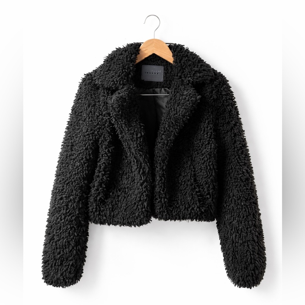 BLANKNYC Black Faux Fur Sherpa Jacket – Size S – Cozy Plush Teddy Coat
